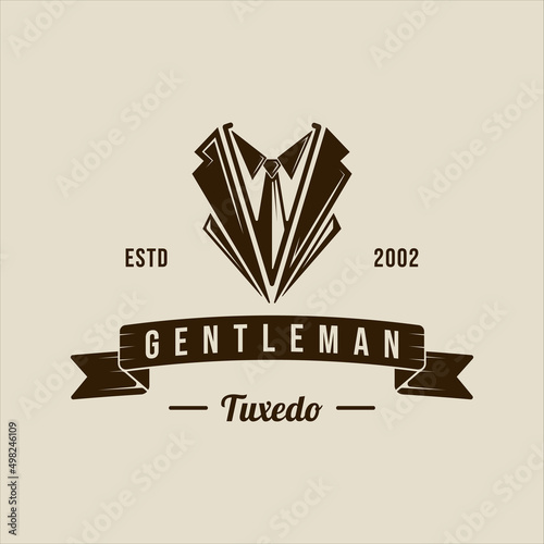 masculine tie tuxedo logo vector vintage illustration template icon graphic design. suit gentleman fashion sign or symbol for professional tailor or designer with typography retro style