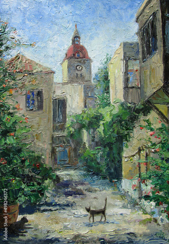 Rhodes church and cats in June, oil painting 