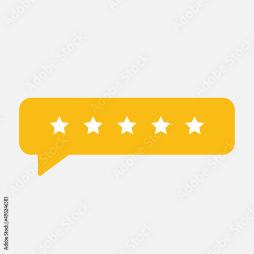 User review rating five stars in speech bubble isolated flat design.