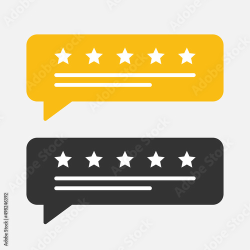 User review rating five stars in speech bubble isolated flat design.