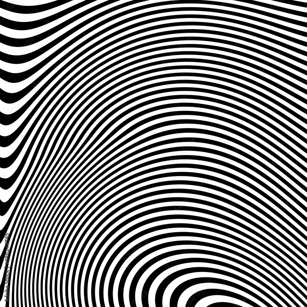 Abstract pattern of wavy stripes or rippled 3D relief black and white lines background. Vector twisted curved stripe modern trendy.3D visual effect, illusion of movement, curvature. Pop art design.
Abstract pattern of wavy stripes or rippled 3D relief black and white lines background. Vector twisted curved stripe modern trendy.3D visual effect, illusion of movement, curvature. Pop art design.