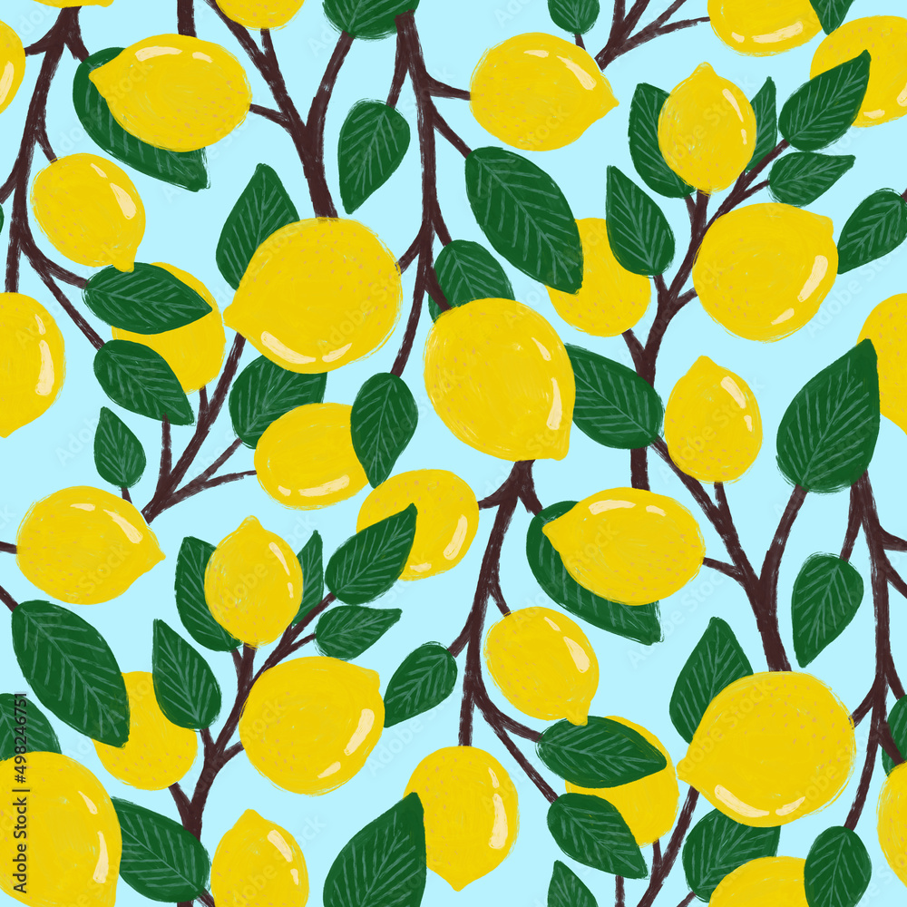 Fresh lemons background. Hand drawn. Seamless pattern with citrus fruits