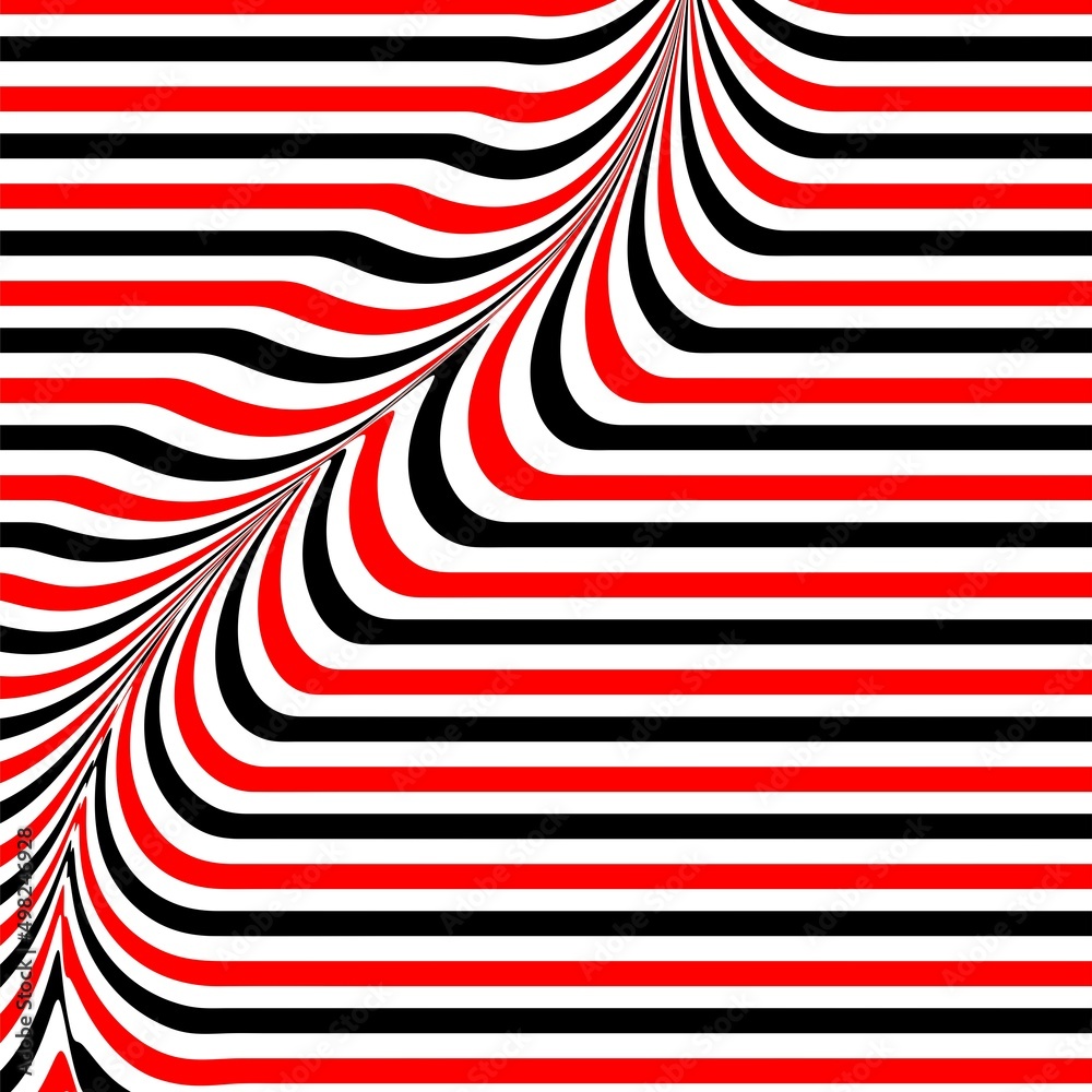 Obraz premium Abstract pattern of wavy stripes or rippled 3D relief black Red white lines background. Vector twisted curved stripe modern trendy