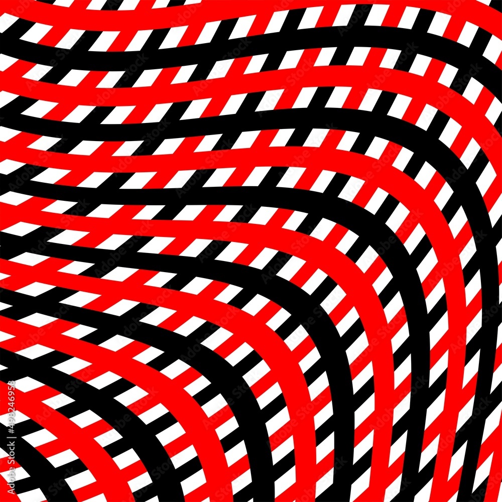 Obraz premium Abstract pattern of wavy stripes or rippled 3D relief black Red white lines background. Vector twisted curved stripe modern trendy.Wavy Lines Optical Seamless Black.Vector monochrome seamless pattern,