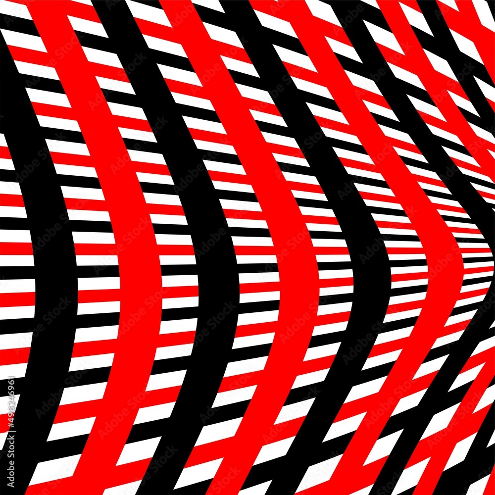 Obraz premium Abstract pattern of wavy stripes or rippled 3D relief black Red white lines background. Vector twisted curved stripe modern trendy.Wavy Lines Optical Seamless Black.Vector monochrome seamless pattern,