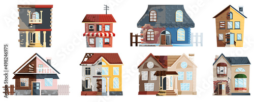 Home renovation, house before and after repair. New and old suburban cottage. Remodel construction. Old run-down house remodeled into cute traditional suburban cottage. Building maintenance service