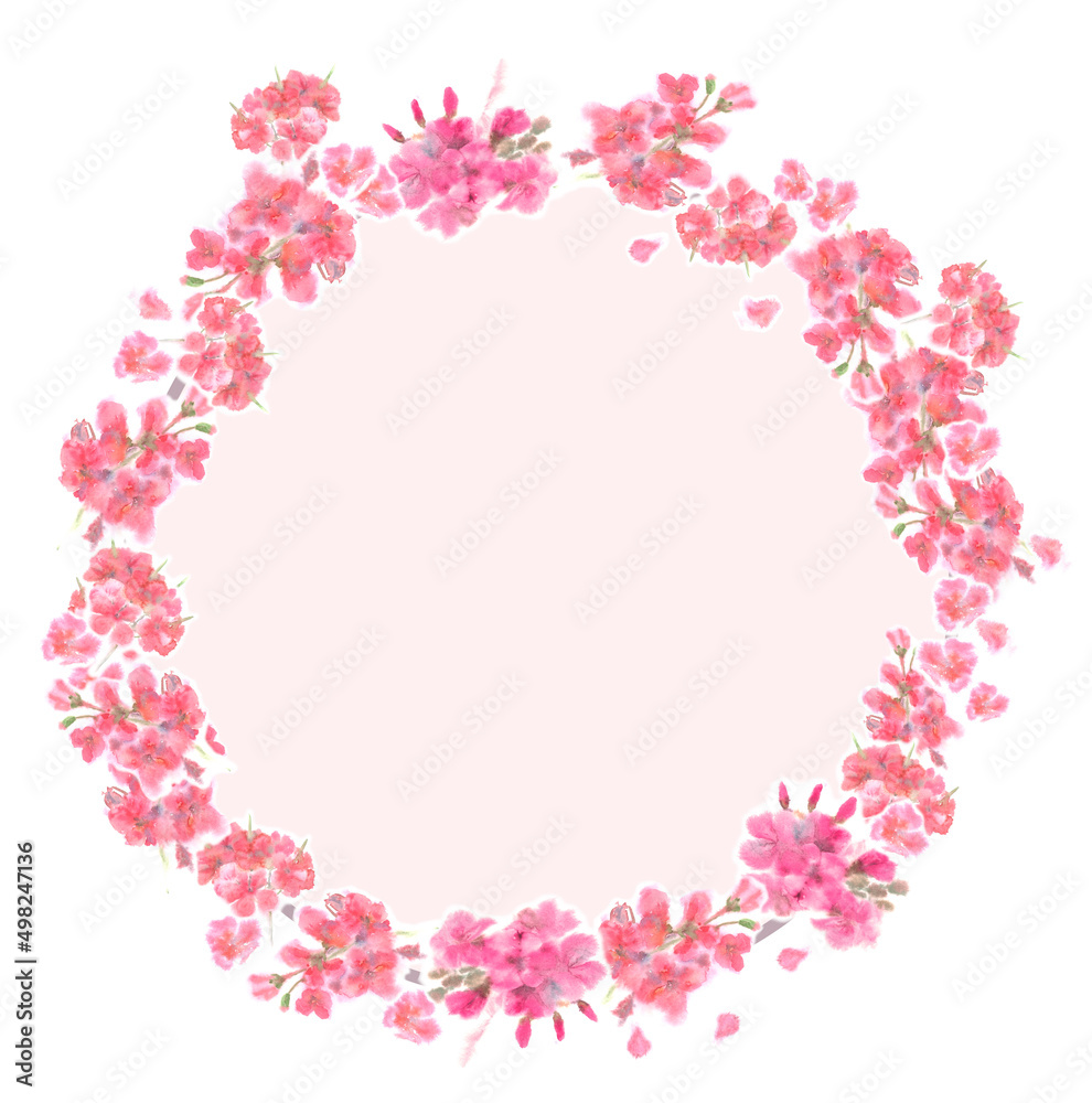 A wreath of pelargonium made in watercolor on a pink background