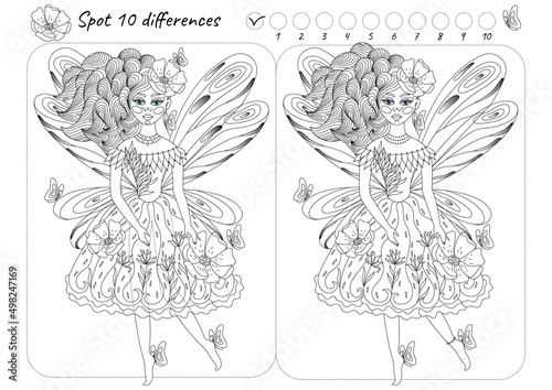 Spot Find the ten differences picture puzzle and coloring page with a beautiful fairy surrounded by butterflies and flowers. Outline. Vector illustration. Isolated.