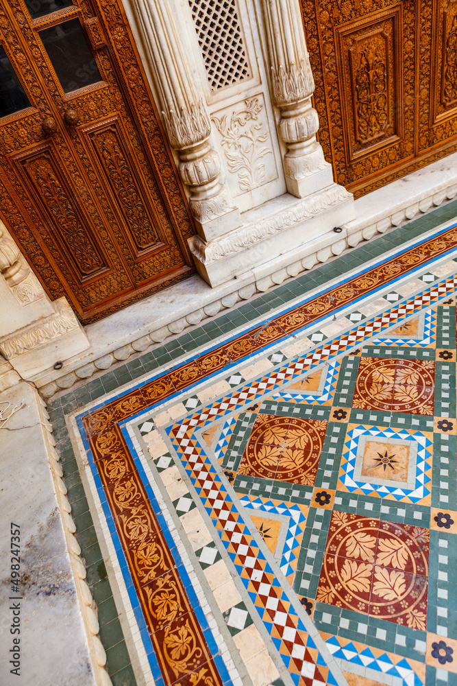 Rich decorated doors and floor of Lalgarh Palace, Bikaner, Rajasthan, India, Asia