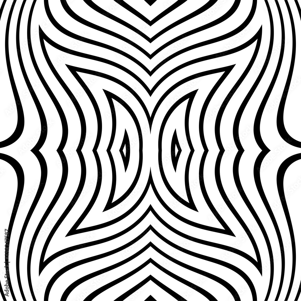 Fototapeta premium Abstract Black and White Geometric Pattern with Waves. Striped Structural Texture. Raster Illustration.Black and white stripes made in illustrator and rasterized.Stripes pattern for backgrounds.