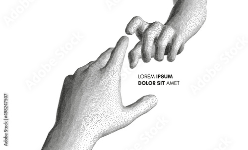 Hands reaching towards each other. Concept of human relation, togetherness or  partnership. 3D vector illustration. Design for banner, flyer, poster, cover or brochure.
