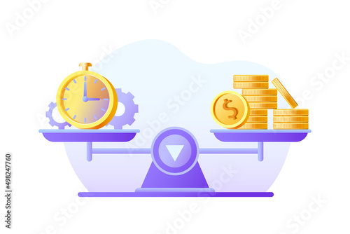 Money and time balance on scale. Weights with clock, gears and money coins. Vector flat illustration. Design for banner, poster, landing page