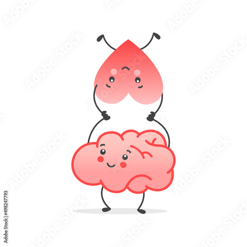 Balance between cute heart and brain on scale. Mind and feeling harmony сoncept. Vector illustration in flat style for banner, poster, card