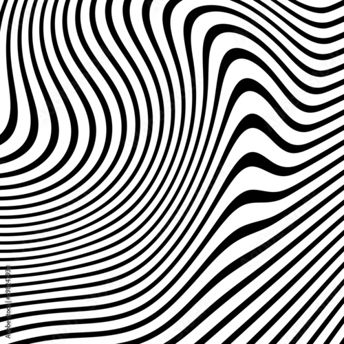 Abstract Black and White Geometric Pattern with Waves. Striped Structural Texture. Raster Illustration.Black and white stripes made in illustrator and rasterized.Stripes pattern for backgrounds.