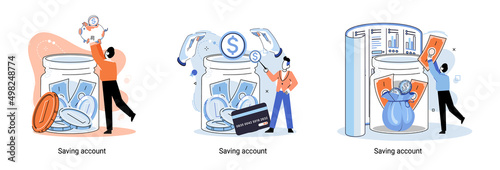 Saving account concept metaphor. People with coins and piggy bank. Accumulation of funds, wealth, passive income. Receiving interest from keeping money, safe future. Banking services, internet payment