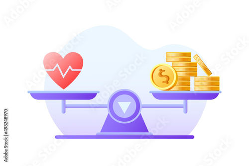 Balance heart and money coins on scales. Comparison of healthcare, lifestyle and work, business concept. Vector flat illustration