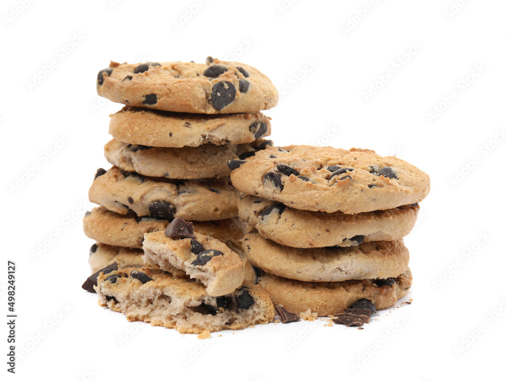 Tasty chocolate chip cookies on white background