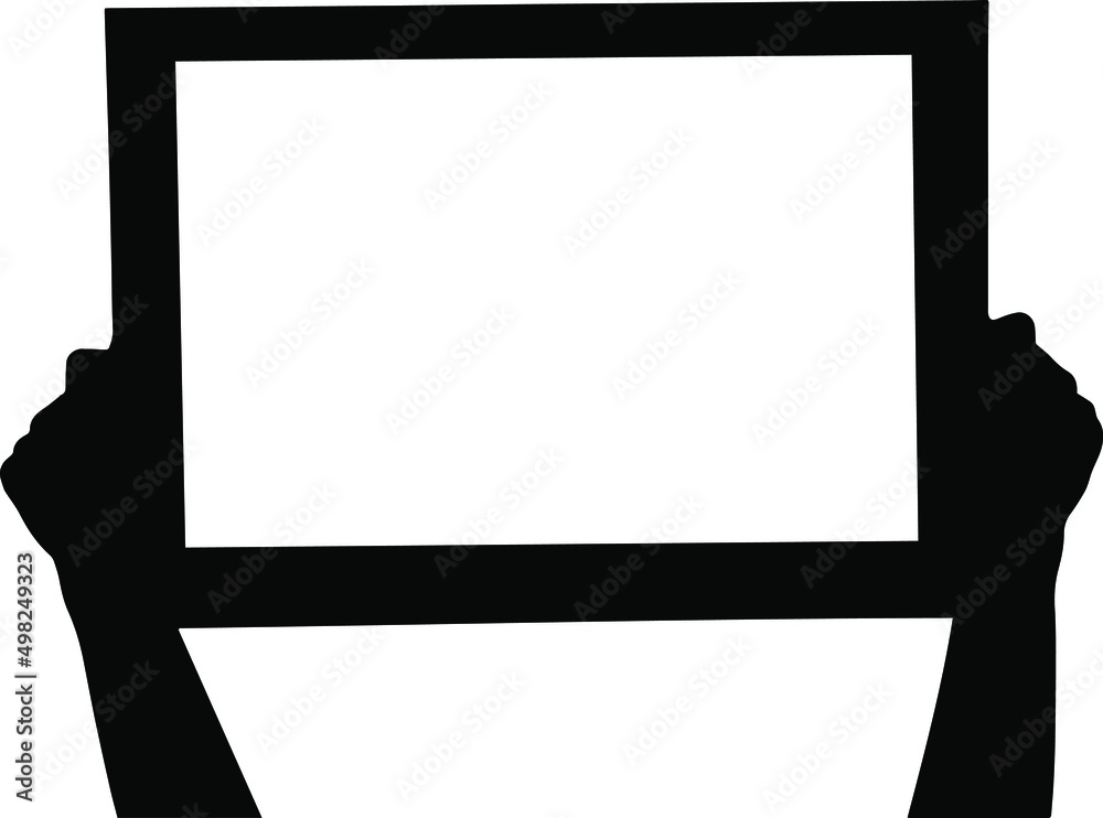 Two hands hold a sign vector silhouette, frame with copy space black color, a signboard with arms, isolated on white background Two hands hold a sign vector silhouette, frame with copy space black color, a signboard with arms, isolated on white background