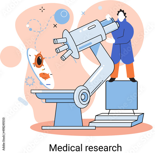 Medical research metaphor. Laboratory diagnostic services, Scientists work equipment and microscope. Virologists chemistry clinic laboratories, microbiology pharmaceutical research. Vaccine discovery