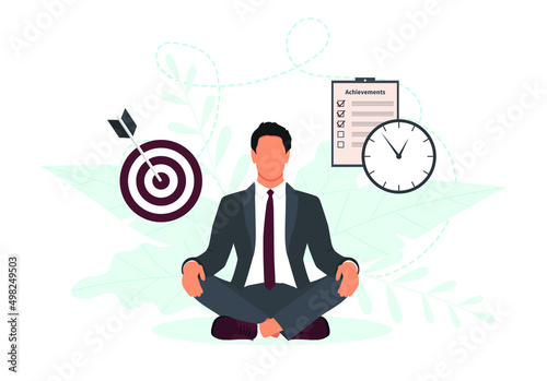 Self-discipline or self-control concept, achievement business target, time management concept, businessman meditate. Vector illustration