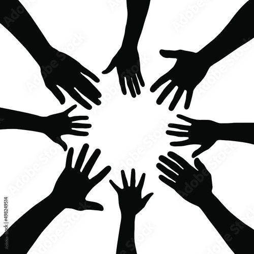 Group of people gathering hands vector silhouette, with copy space, concept of friendship, team, together and diversity, top view hand gathering silhouette, black color isolated on white background