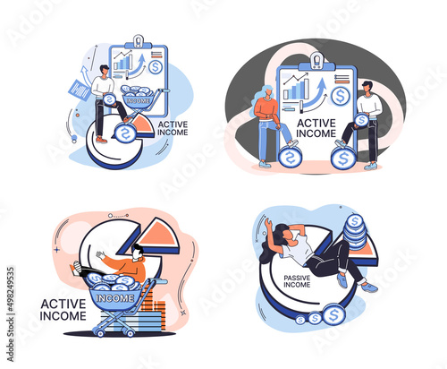 Active income obtained in course of certain activity using your knowledge and skills, getting paid for work. Works, earns salary. Idea of financial growth, business development, wages. Activity growth