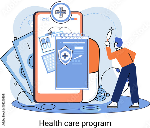 Health care program metaphor, online medical services, protection medicine. Medical insurance, hospital services, preventive check up, sick leave certificate treatment diagnosis patients, telemedicine