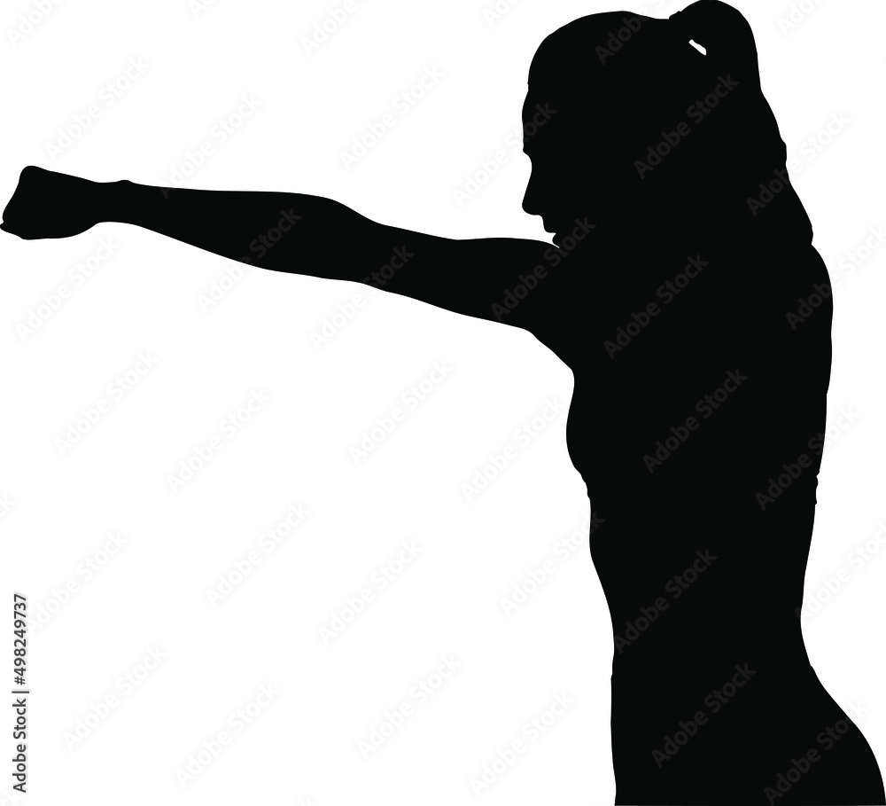 Female boxer punching the air vector silhouette, Fighting and boxing