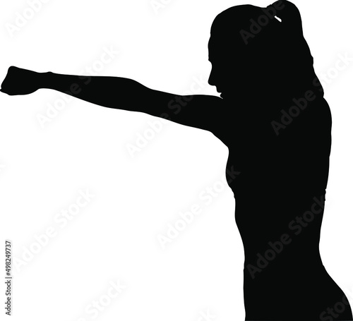 Female boxer punching the air vector silhouette, Fighting and boxing, profile silhouette concept black color isolated on white background