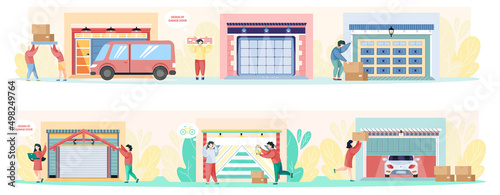 Garage with automatic gates. Gates with lifting mechanism, place for automobile parking. Man chooses modern building to store things and boxes. Garbage and rubbish storage garage vector illustration