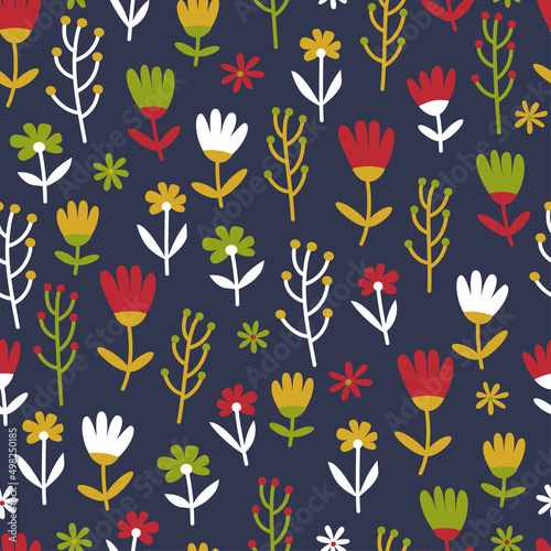 Colorful seamless pattern with simple  flowers, leaves, plants on a dark background. Simple flat floral illustration for wrapping paper, fabric design