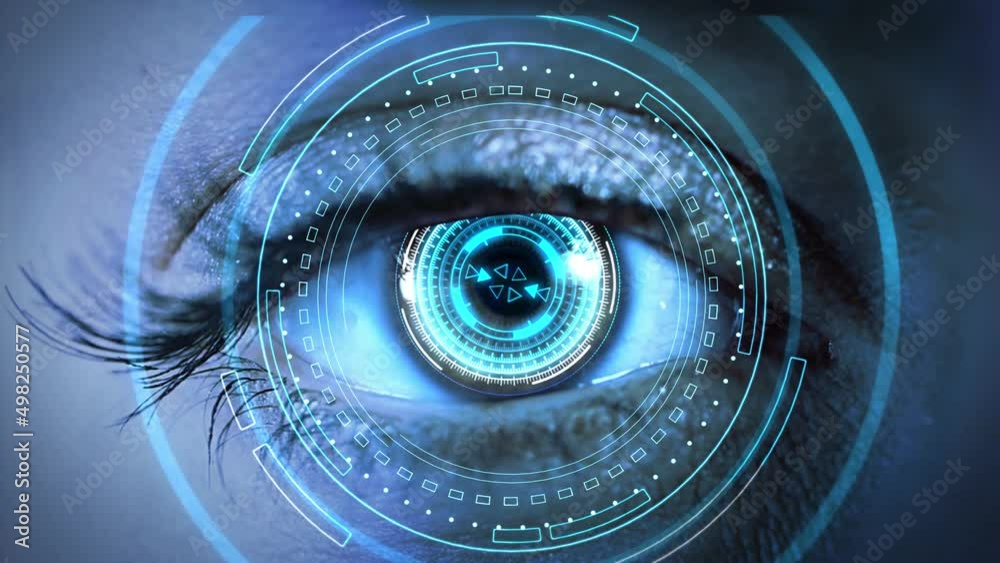 4k Animation Interface Brain And Computer Merge, Futuristic Human Eye. Innovation Tech System Implanted, Cyborg HUD Technology Concept, Neural Deep Learning Mind Science Research. Virtual Reality