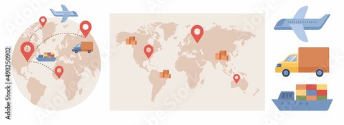 Global logistics network set. Export, import, warehouse business, transportation. Air freight, ocean shipping, container ship on world map. Business logistics. Vector flat illustration
