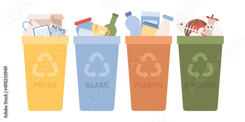 Sorting garbage waste. Recycling garbage. Paper, glass, plastic, organic garbage in containers. Environmental protection, ecology,  save nature. Vector flat illustration