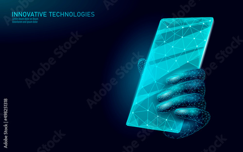 Phone service repair help business concept. Hand care mobile smartphone broken screen. Software error bug data lost. 3D virus attack information security alert vector illustration