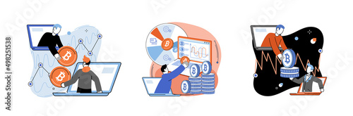 Cryptocurrency bitcoin mining metaphor Blockchain exchange platform. Cyber banking procedures, bitcoin trading, wallet. Ecurrency transactions. Digital currency, cryptocurrency market, hidden mining