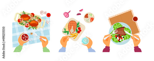 Top view on different main dishes.