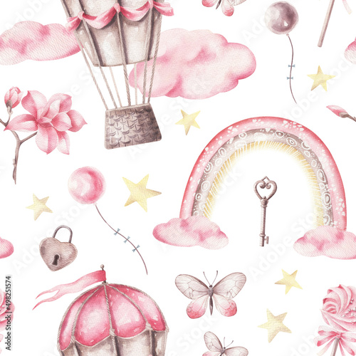 Watercolor seamless pattern with hot air balloon and rainbow. photo