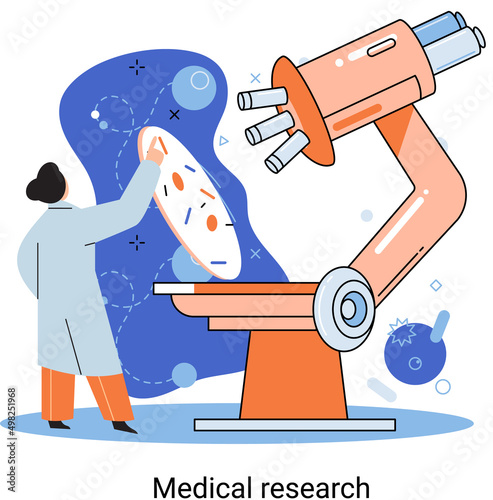 Medical research metaphor. Laboratory diagnostic services, Scientists work equipment and microscope. Virologists chemistry clinic laboratories, microbiology pharmaceutical research. Vaccine discovery