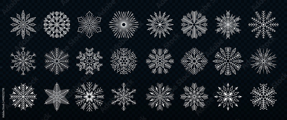 Fototapeta premium Beautiful set white snowflakes. New year design elements, frozen symbol.