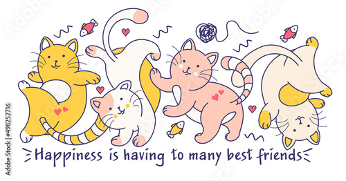 Quirky Fun doodle drawn Cats. Naughty Friends playing.Cartoon Kittens and Cheerful phrase about friendship. Isolated print or sticker.