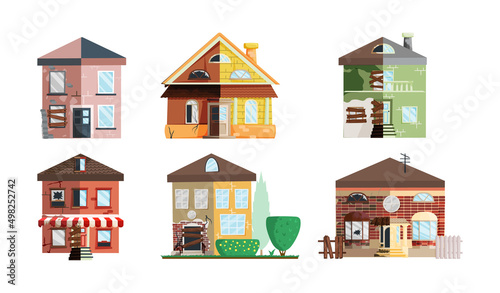 Home renovation, house before and after repair. New and old suburban cottage. Remodel construction. Old run-down house remodeled into cute traditional suburban cottage. Building maintenance service