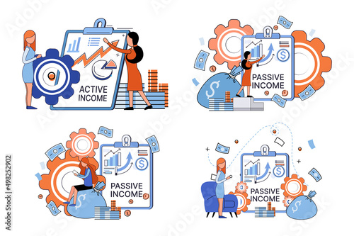 Active and passive income concept. Idea of financial growth and development with investments, interest on deposits, dividends. Metaphor illustrations about earnings, profit, cash and money flow
