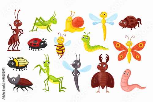 Cute bugs. Comic happy butterfly, ant and bee. Vector garden bug set with spider, wasp and dragonfly