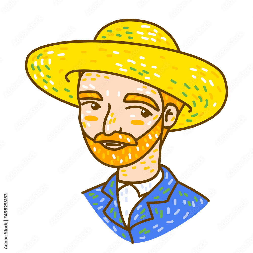 Cartoon portrait of Dutch artist Vincent Van Gogh in a straw hat Stock Vector | Adobe Stock Cartoon portrait of Dutch artist Vincent Van Gogh in a straw hat Stock Vector | Adobe Stock
