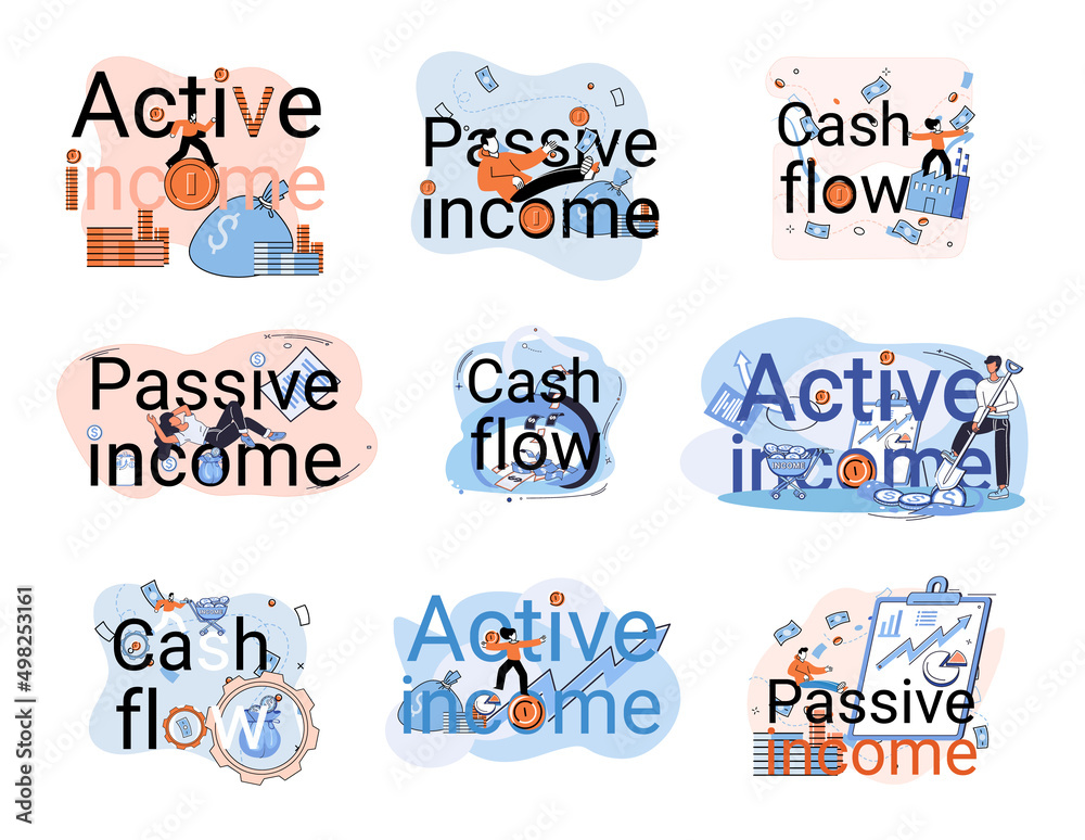 Obraz premium Active and passive income concept. Idea of financial growth and development. Set of illustrations about earnings, profit, cash and money flow. Formation of stable income from work and investments