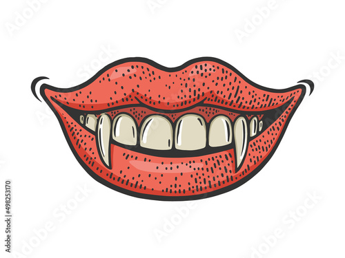 vampire girl smile color sketch engraving vector illustration. T-shirt apparel print design. Scratch board imitation. Black and white hand drawn image.
