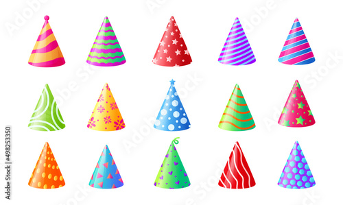 Birthday hat. Cartoon cone party hat with colorful prints, party celebration headwear. Vector set