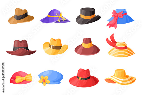 Cartoon hat. Travel hipster casual stylish cap, male and female headwear clothes. Vector fashion set