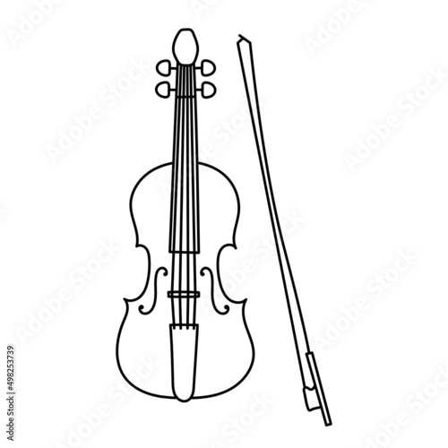 Musical instrument line sketch. Violin or viola with bow. Outline black and white vector illustration